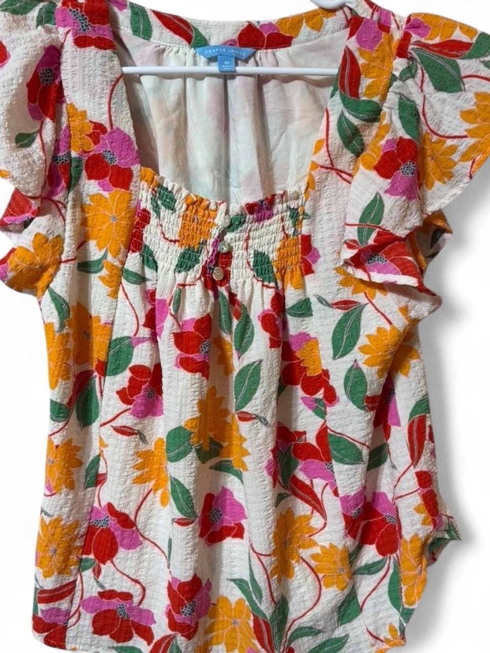 Draper James White Floral Smocked Top with Pink, Yellow, Red & Green Accents